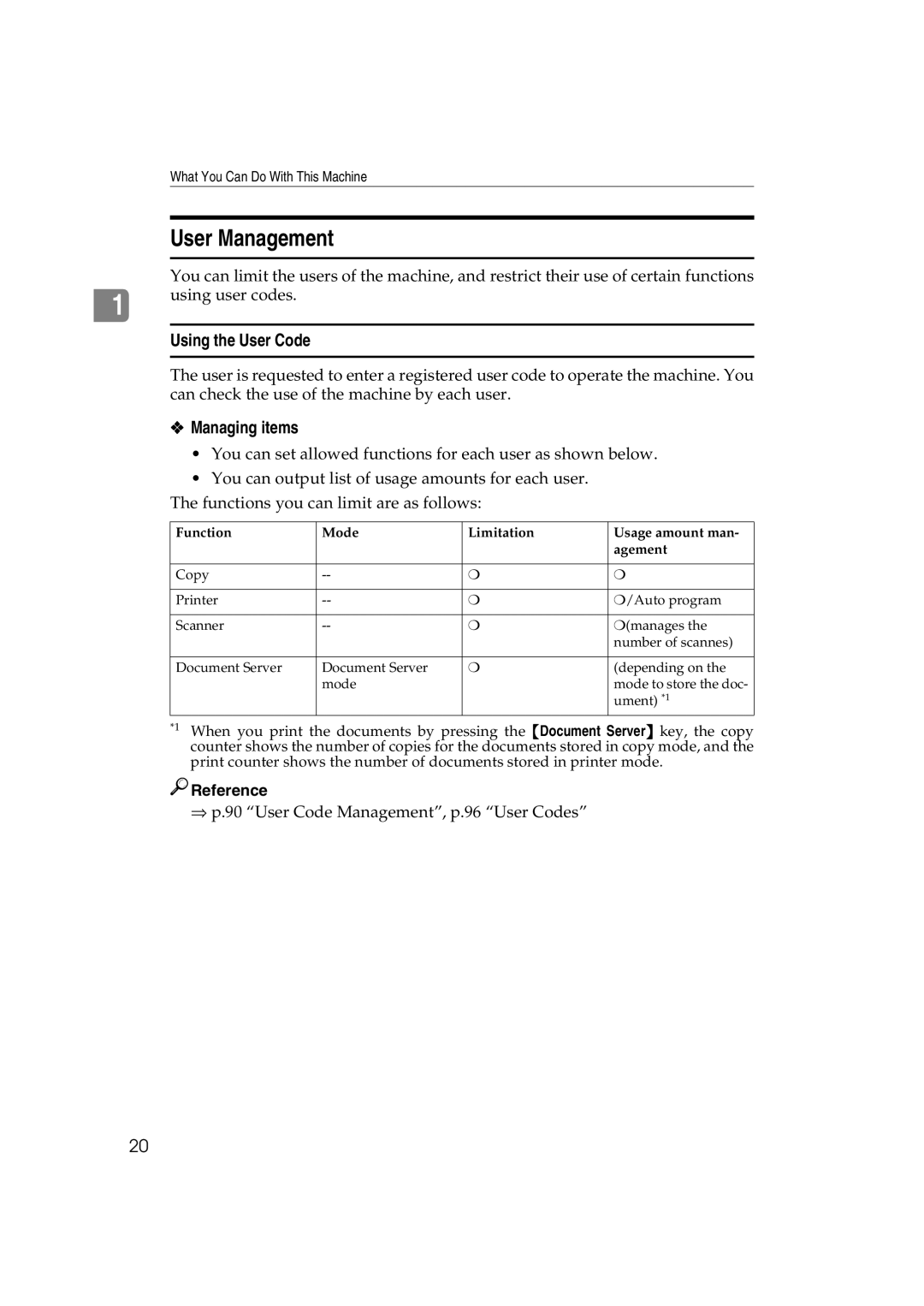 Ricoh 1060, 1075 manual User Management, Using the User Code, Managing items 