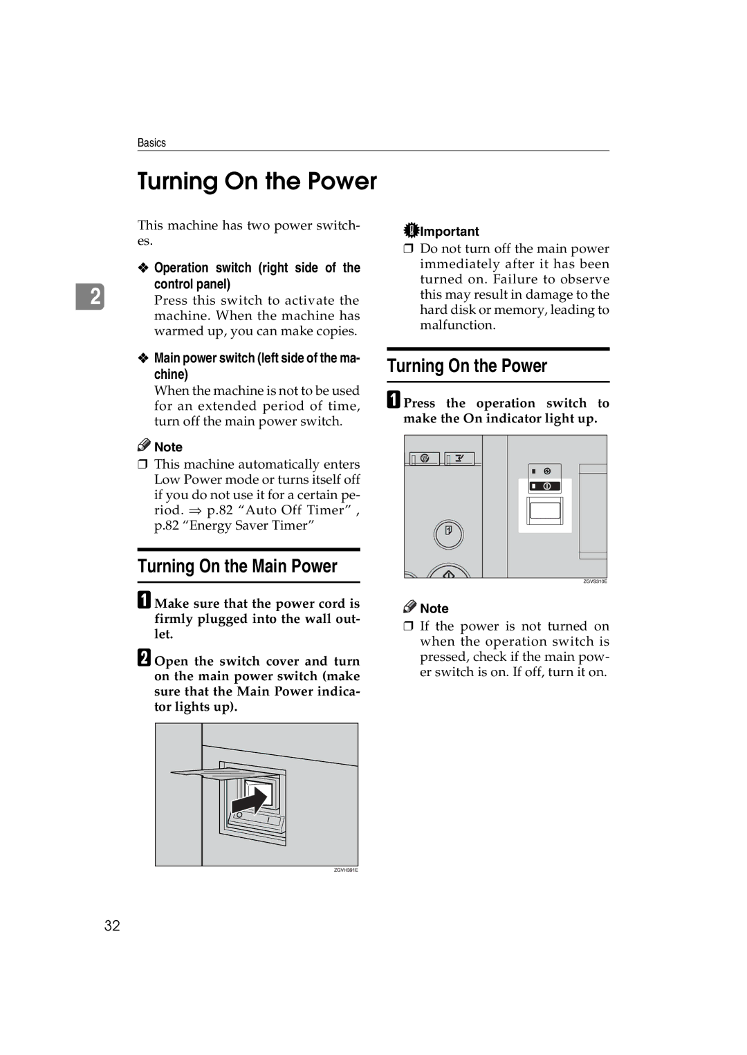 Ricoh 1060, 1075 manual Turning On the Power, Turning On the Main Power, Operation switch right side Control panel 