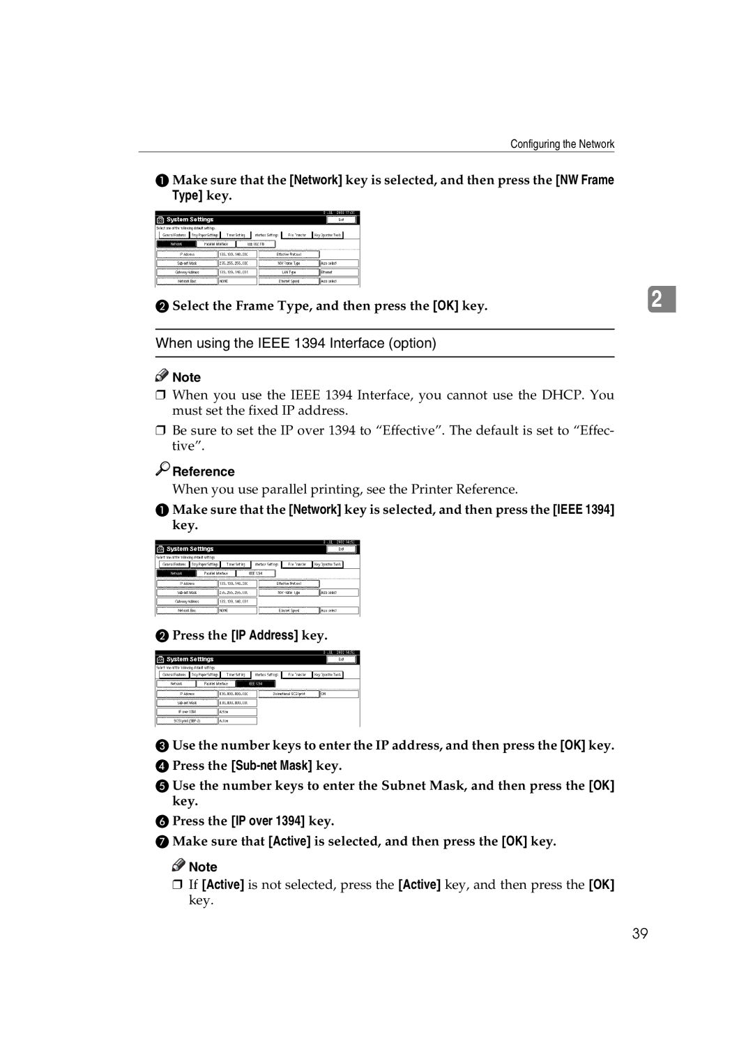 Ricoh 1075, 1060 manual When using the Ieee 1394 Interface option, Press the Sub-net Mask key, Press the IP over 1394 key 