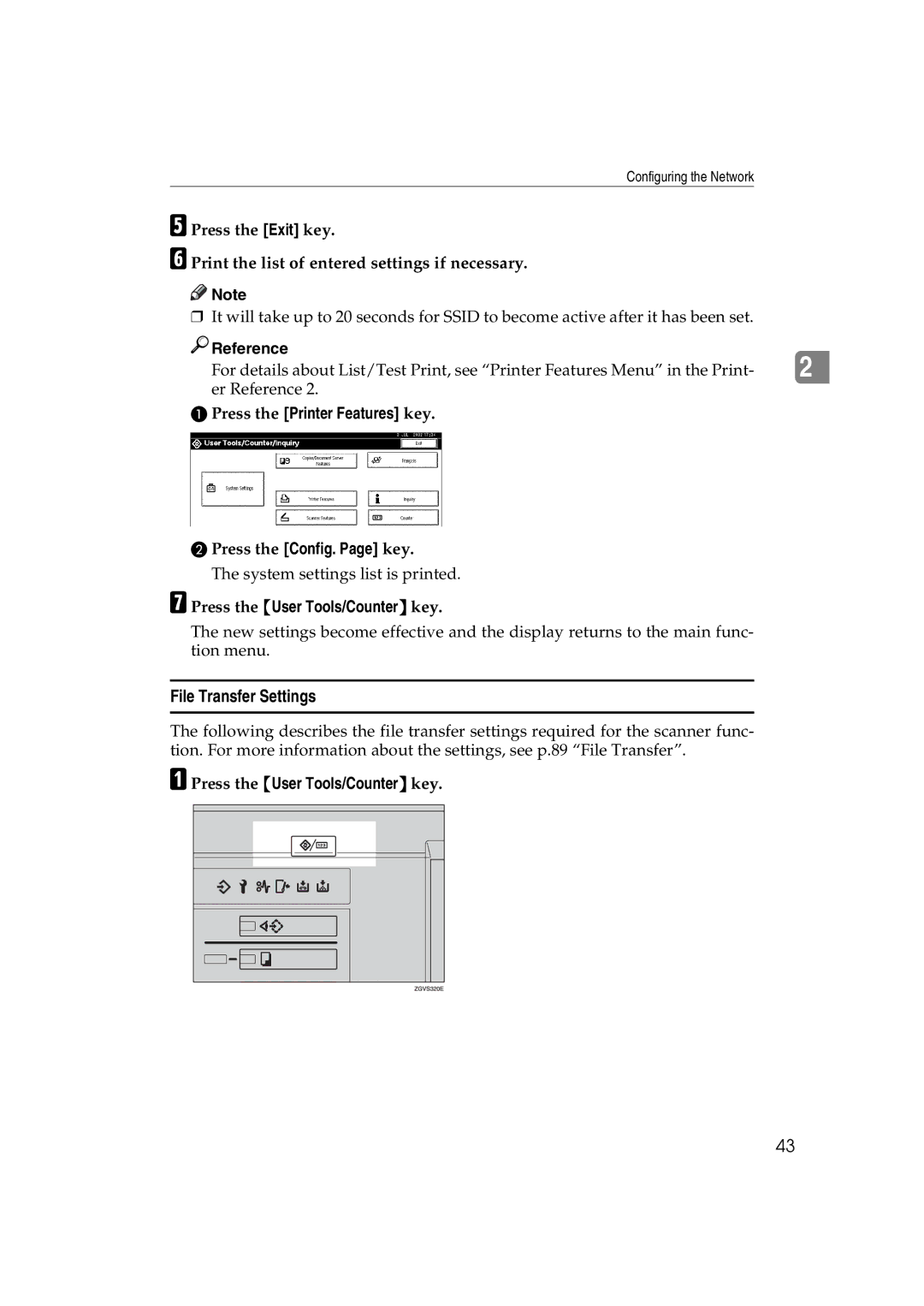 Ricoh 1075, 1060 manual File Transfer Settings, Press the Printer Features key Press the Config. Page key 