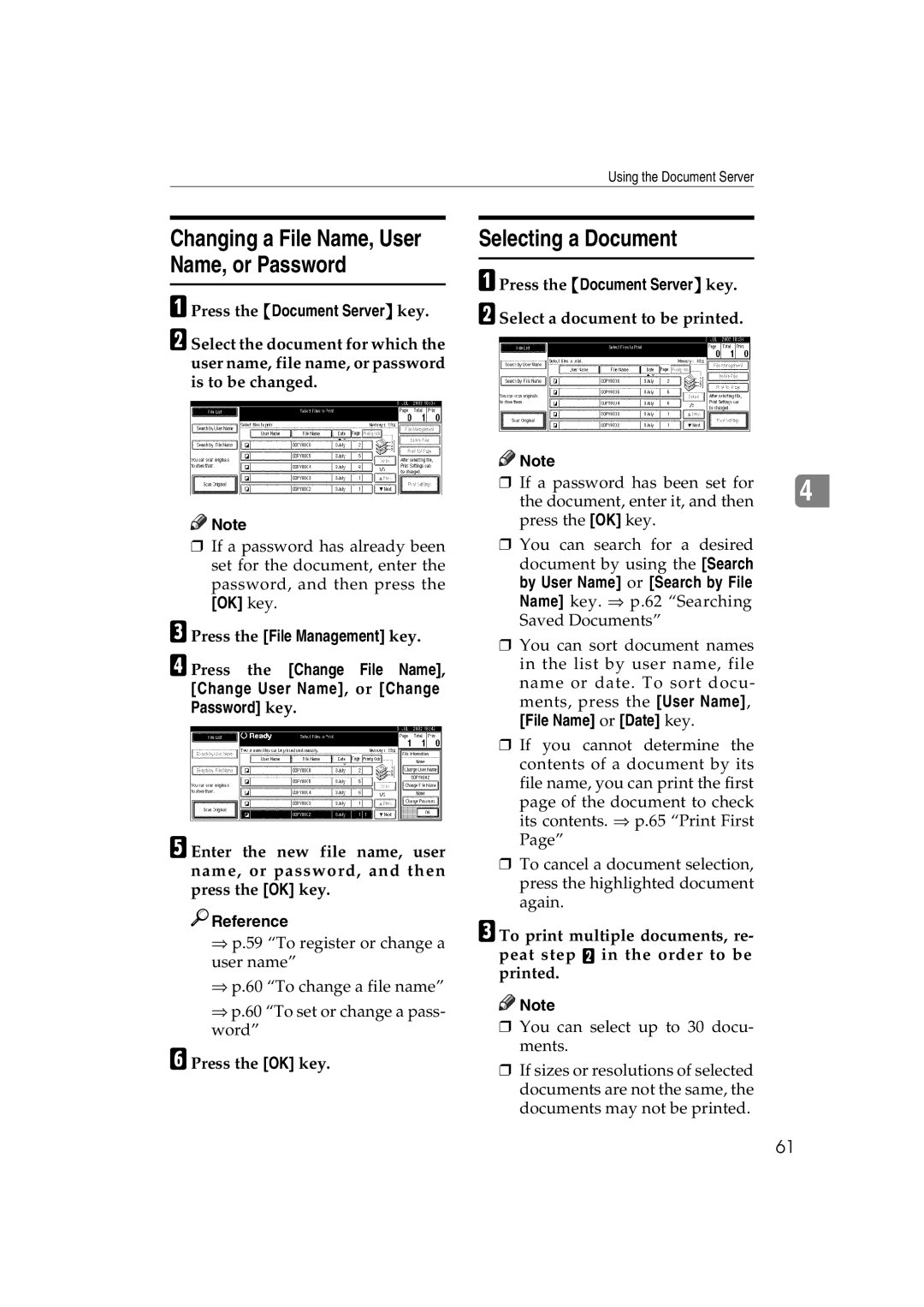 Ricoh 1075, 1060 manual Selecting a Document, Press the Document Server key, File Name or Date key 