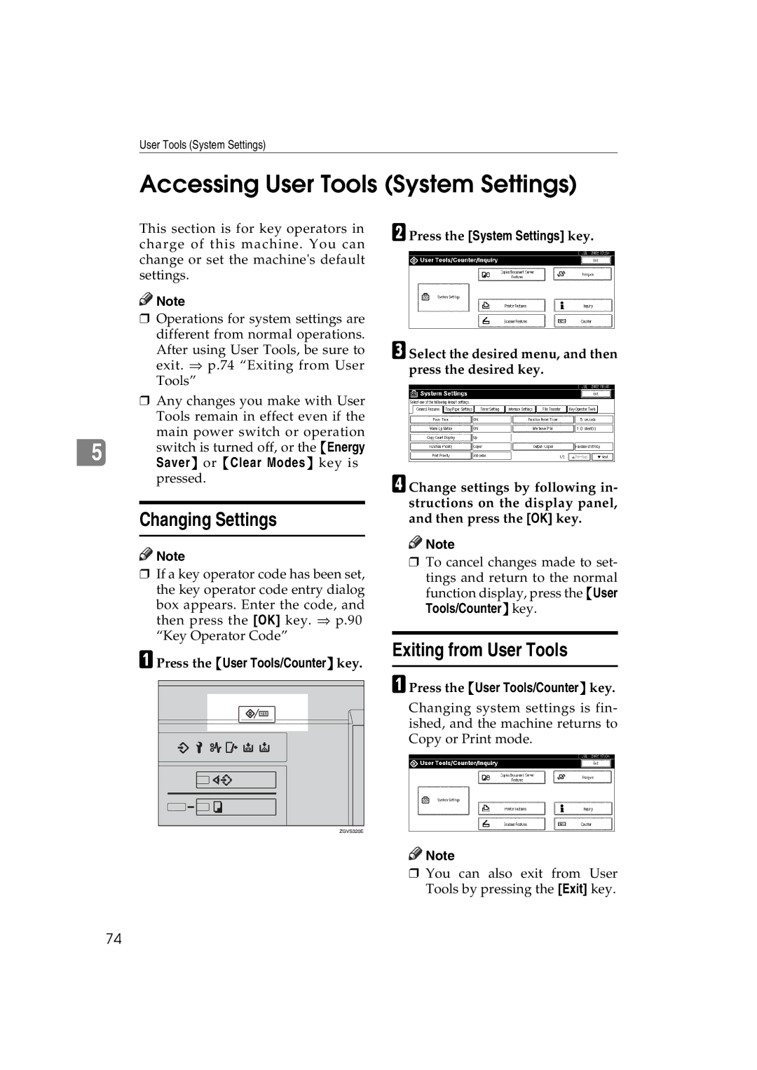 Ricoh 1060, 1075 manual Accessing User Tools System Settings, Changing Settings, Exiting from User Tools 