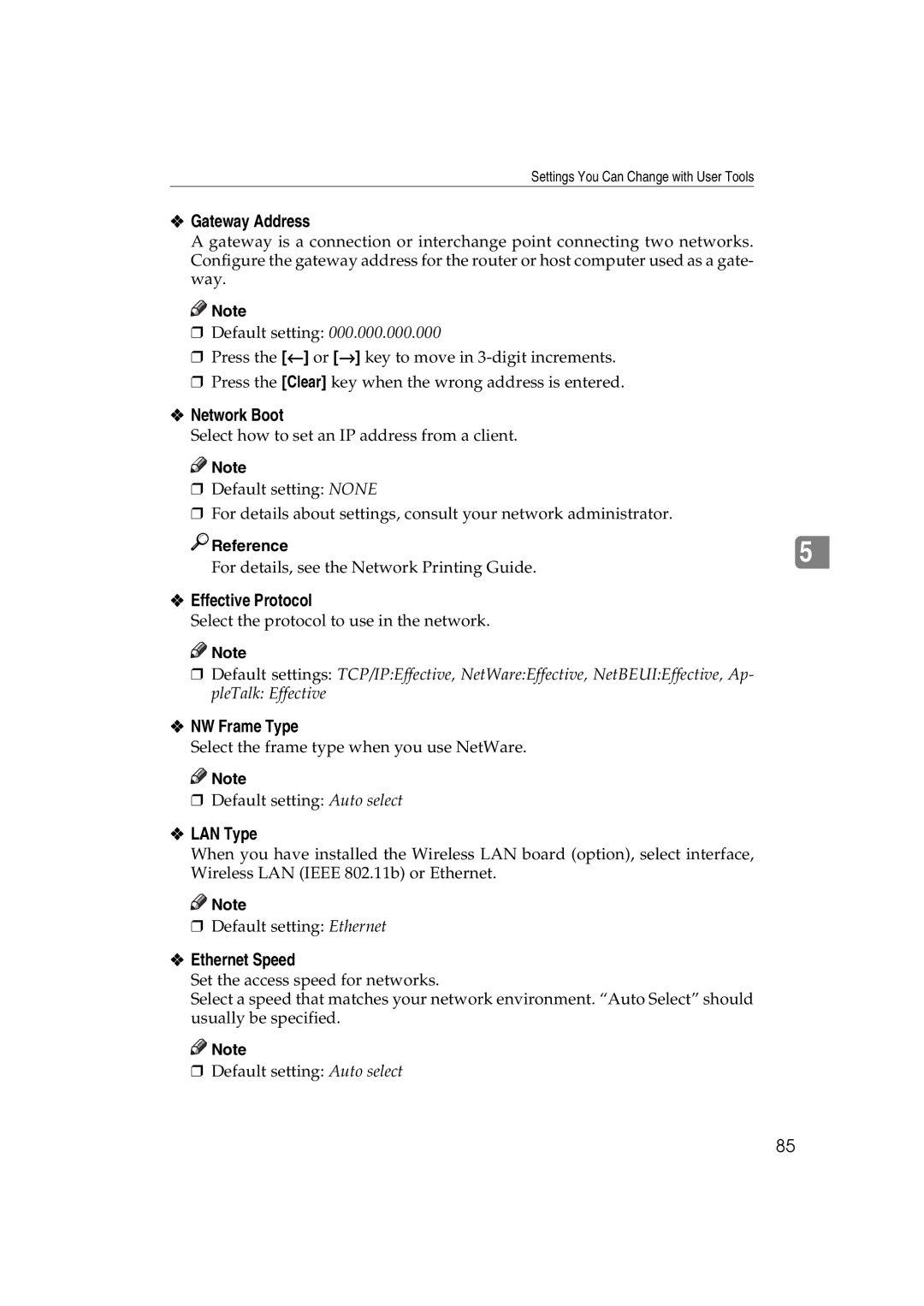 Ricoh 1075, 1060 manual Gateway Address, Network Boot, Effective Protocol, NW Frame Type, LAN Type, Ethernet Speed 