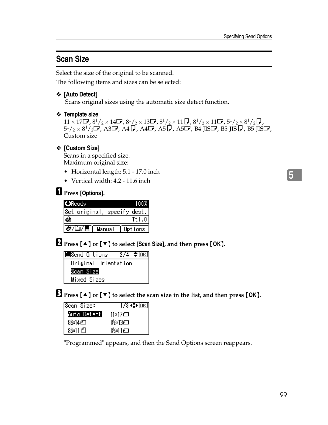 Ricoh SGC 1506/GS, 106/LD215c appendix Scan Size, Auto Detect, Template size, Custom Size 