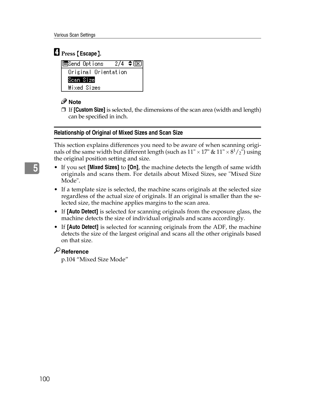 Ricoh 106/LD215c, SGC 1506/GS appendix Relationship of Original of Mixed Sizes and Scan Size, 100 