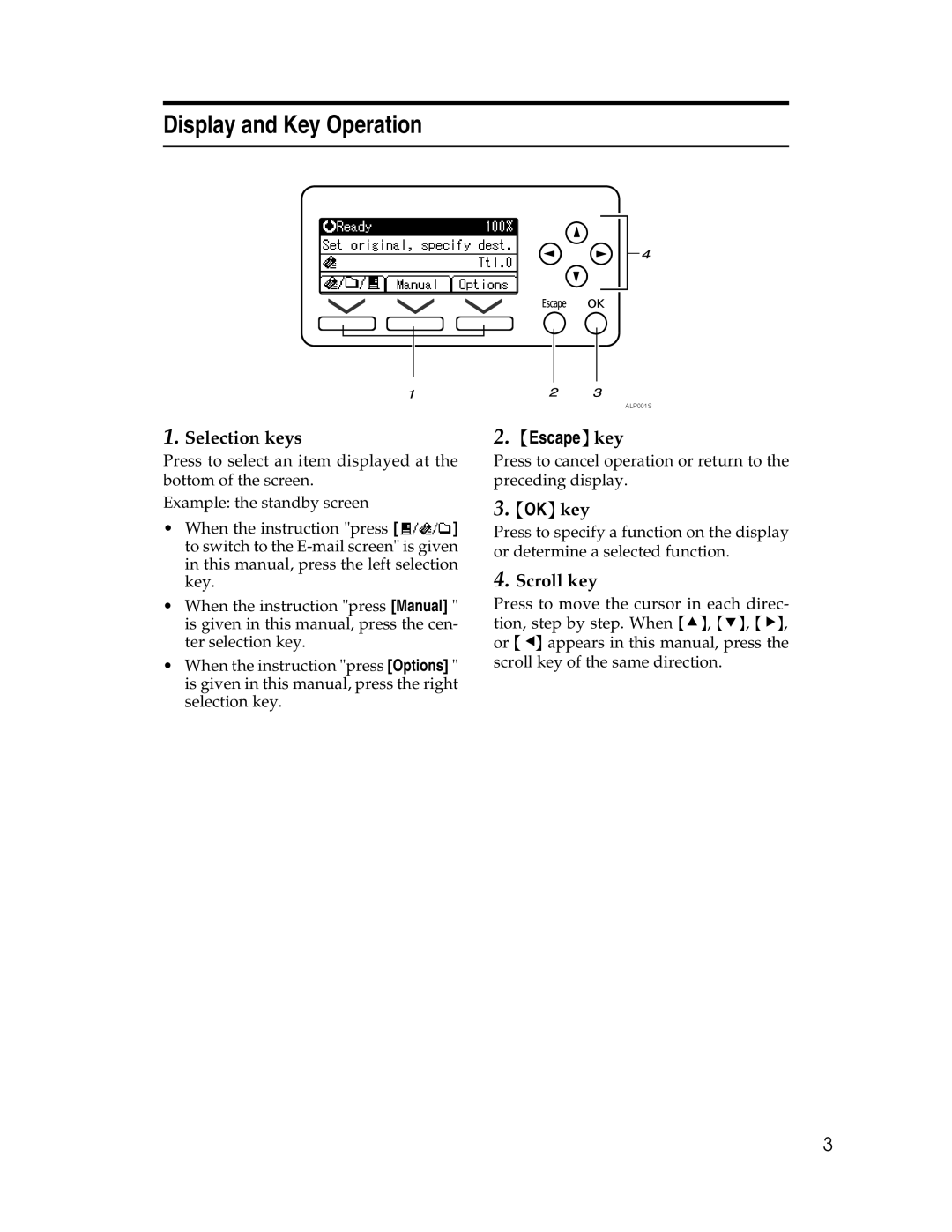 Ricoh SGC 1506/GS, 106/LD215c appendix Display and Key Operation, Selection keys, Escape key, Scroll key 