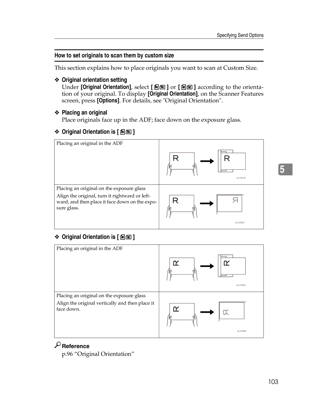 Ricoh SGC 1506/GS How to set originals to scan them by custom size, Original orientation setting, Placing an original, 103 