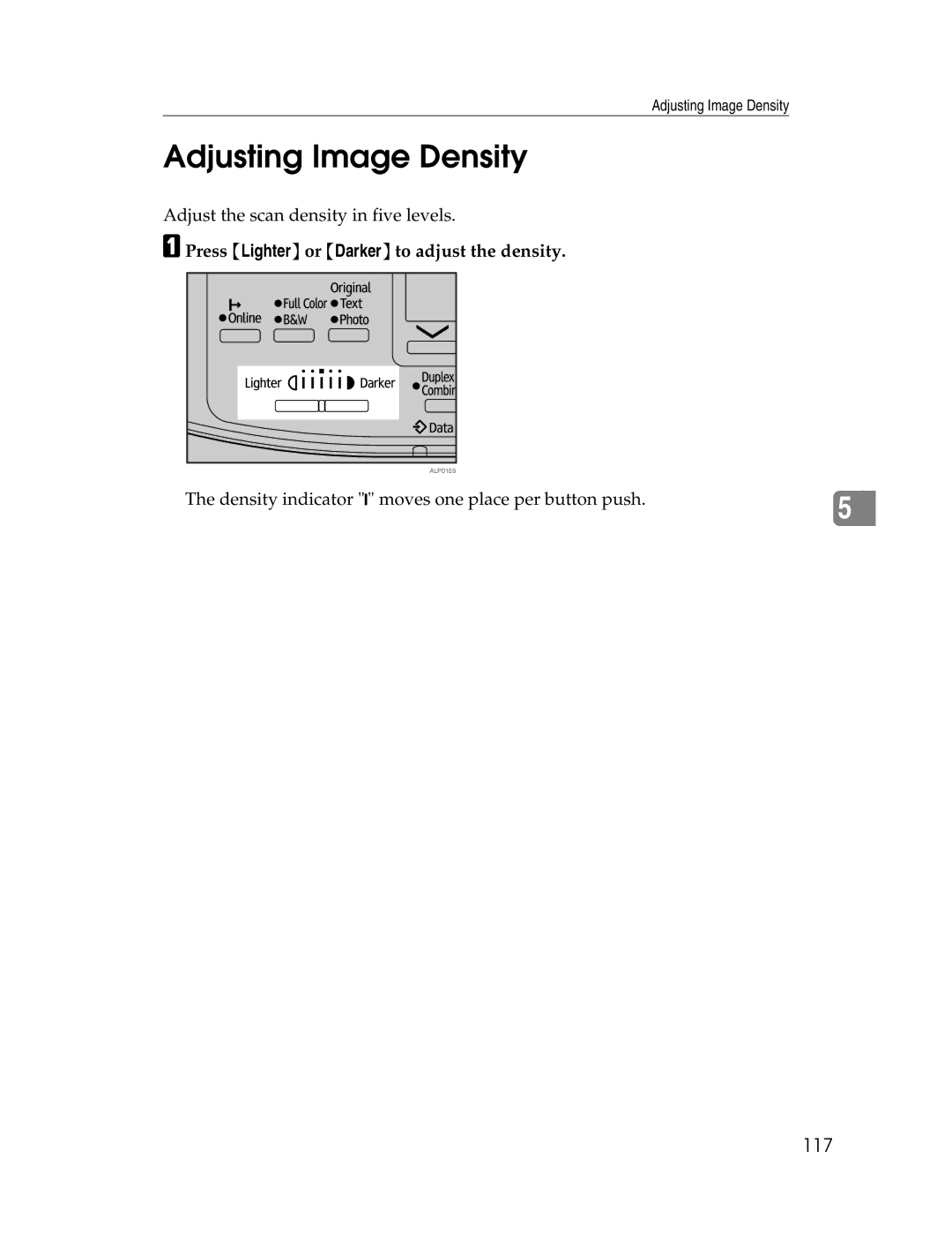 Ricoh SGC 1506/GS, 106/LD215c appendix Adjusting Image Density, 117, Press Lighter or Darker to adjust the density 