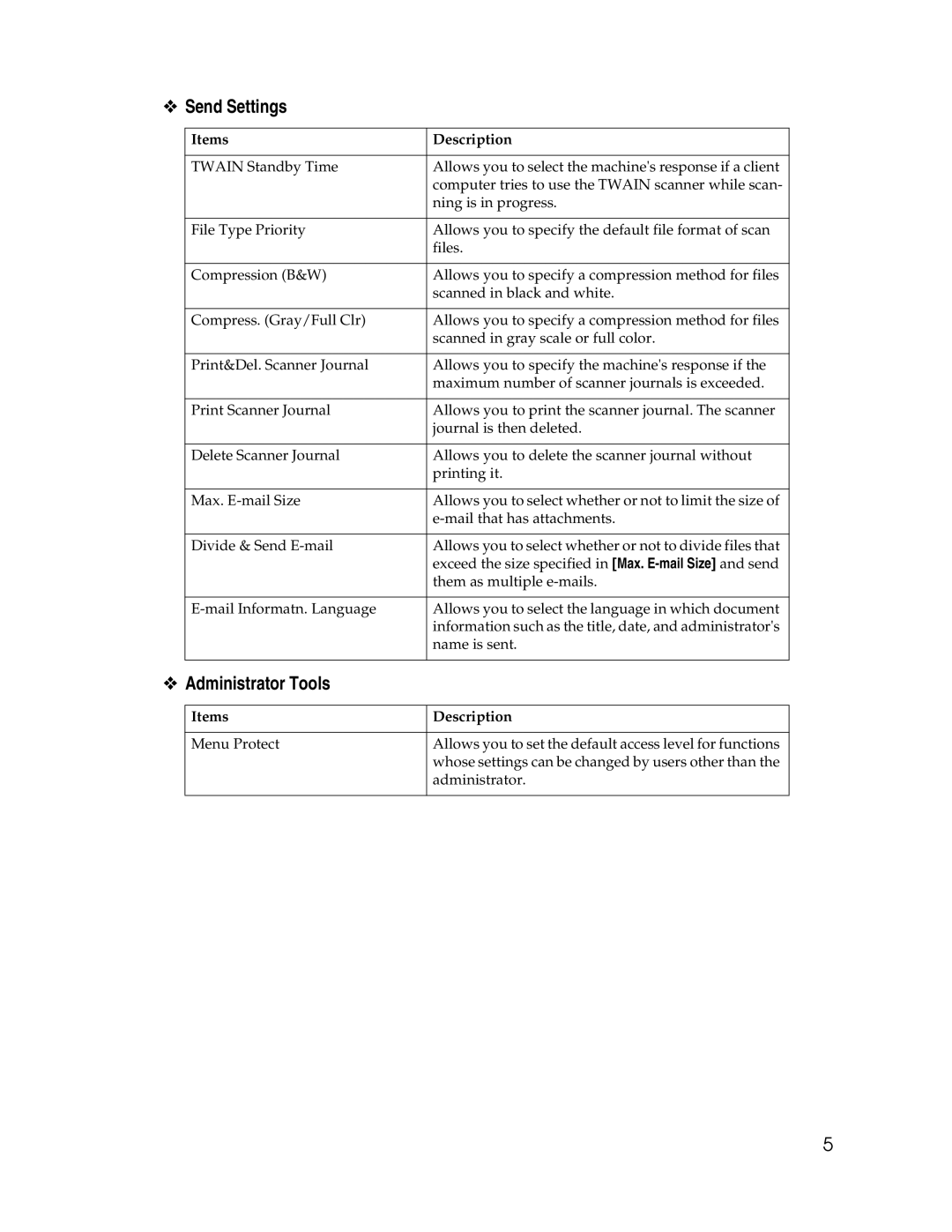Ricoh SGC 1506/GS, 106/LD215c appendix Send Settings, Administrator Tools 