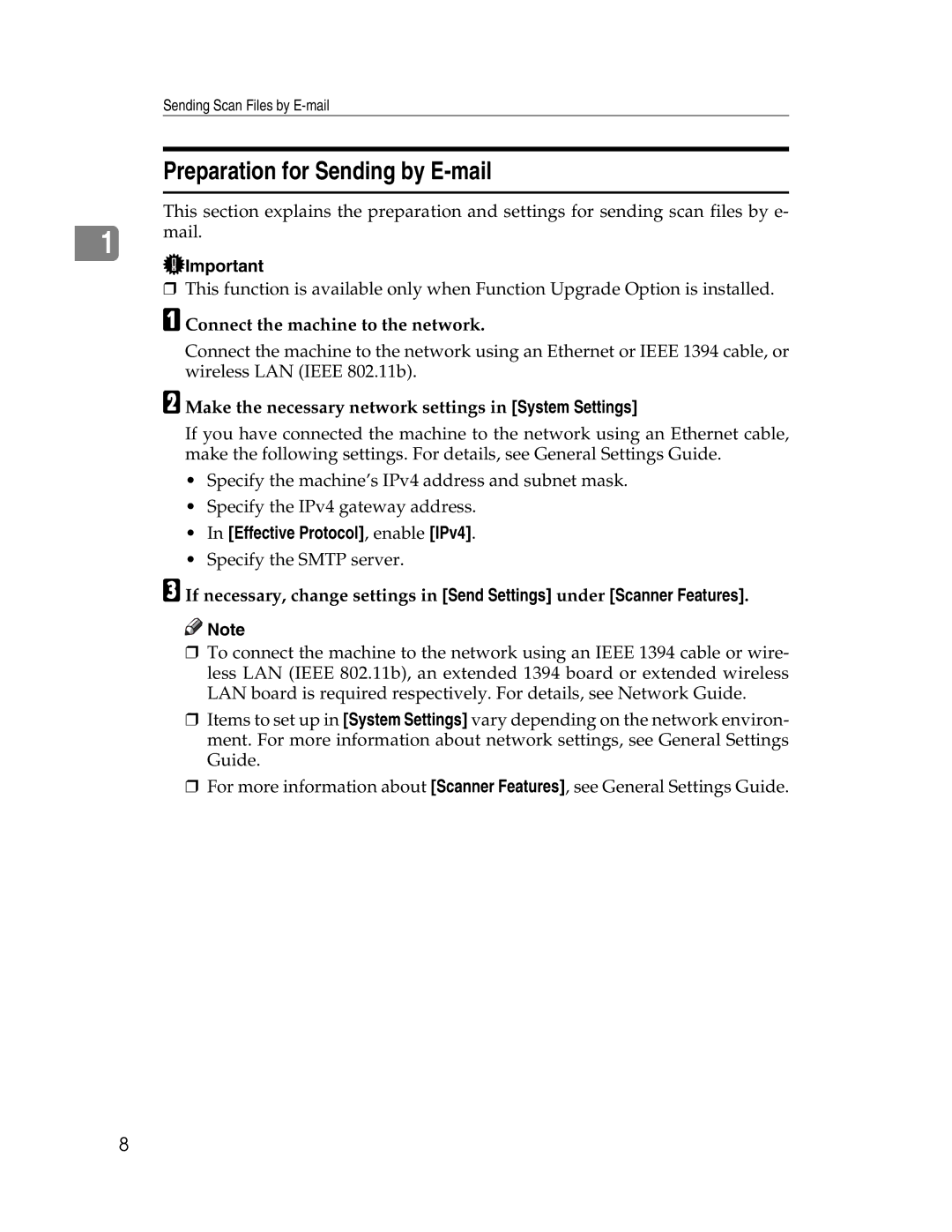 Ricoh 106/LD215c Preparation for Sending by E-mail, Connect the machine to the network, Effective Protocol, enable IPv4 