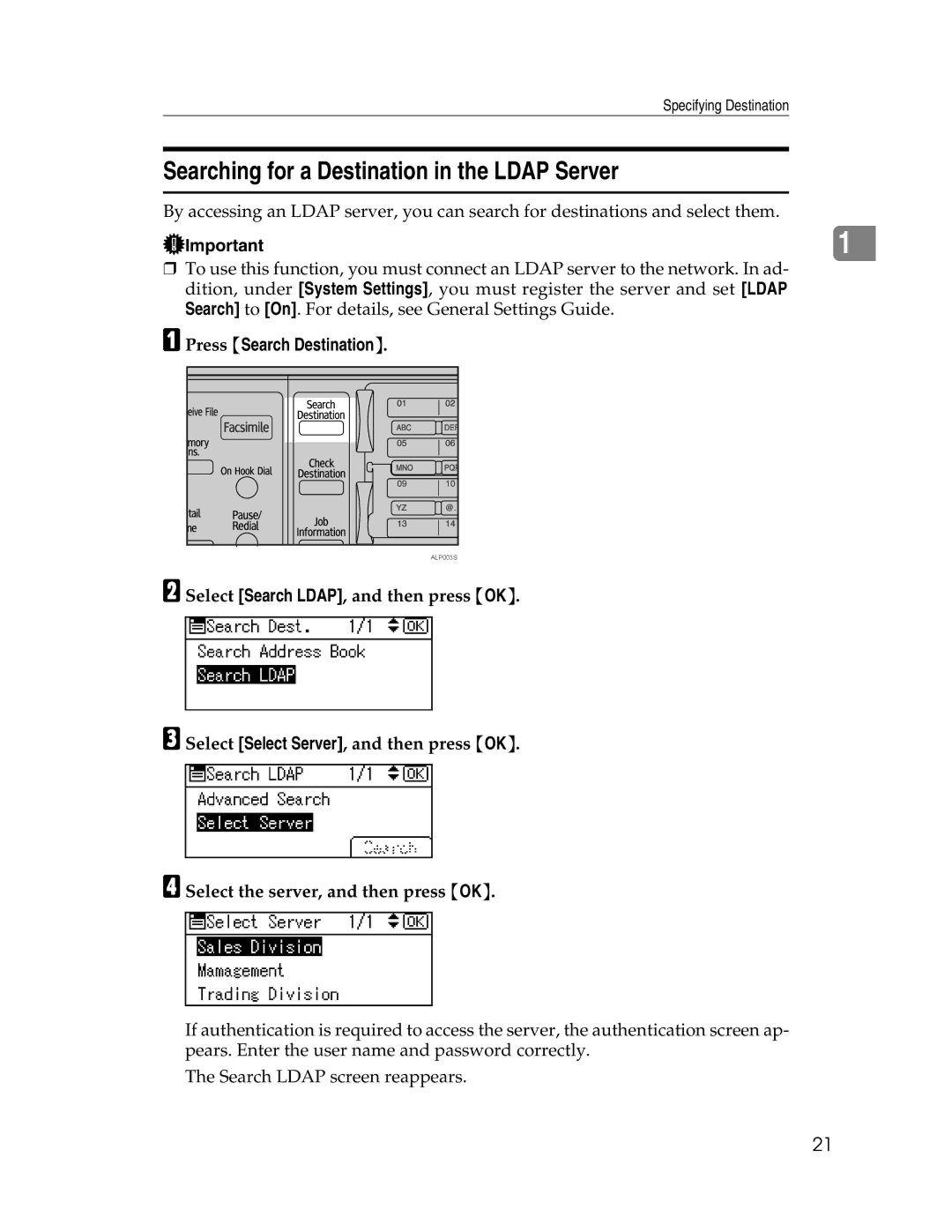 Ricoh SGC 1506/GS, 106/LD215c appendix Searching for a Destination in the Ldap Server, Press Search Destination 