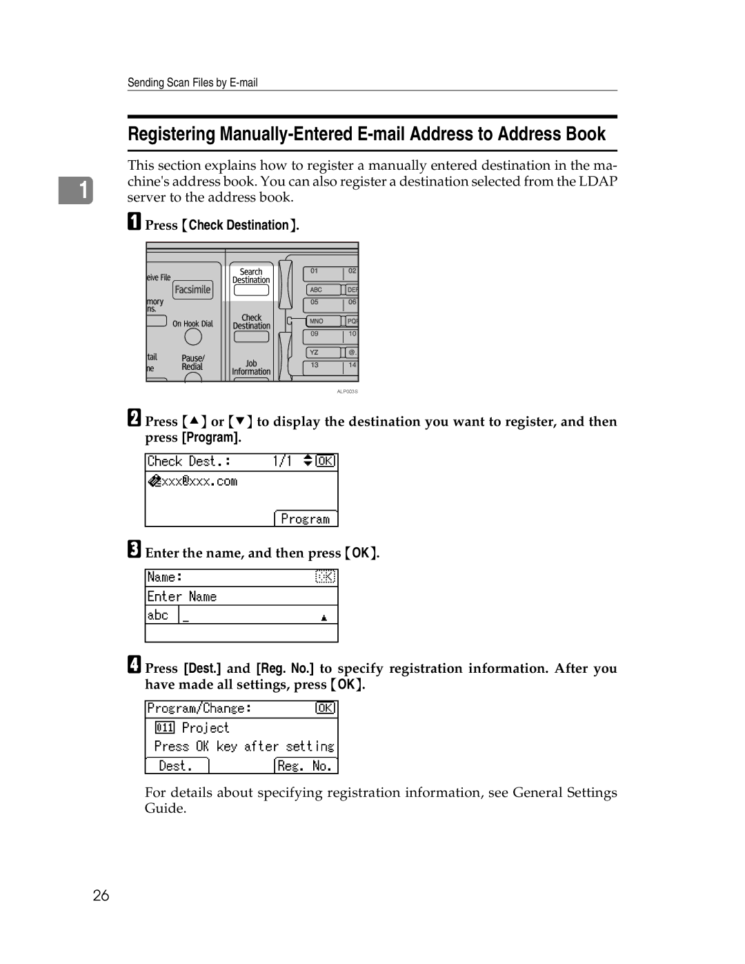 Ricoh 106/LD215c, SGC 1506/GS appendix Registering Manually-Entered E-mail Address to Address Book, Press Check Destination 