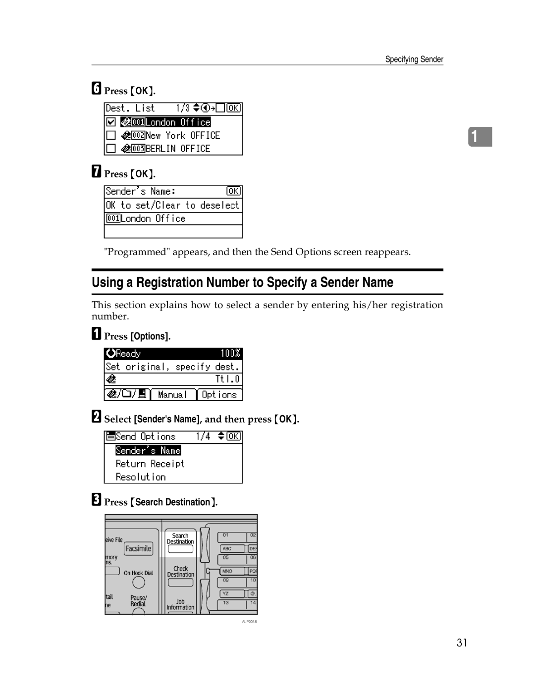 Ricoh SGC 1506/GS, 106/LD215c appendix Using a Registration Number to Specify a Sender Name 