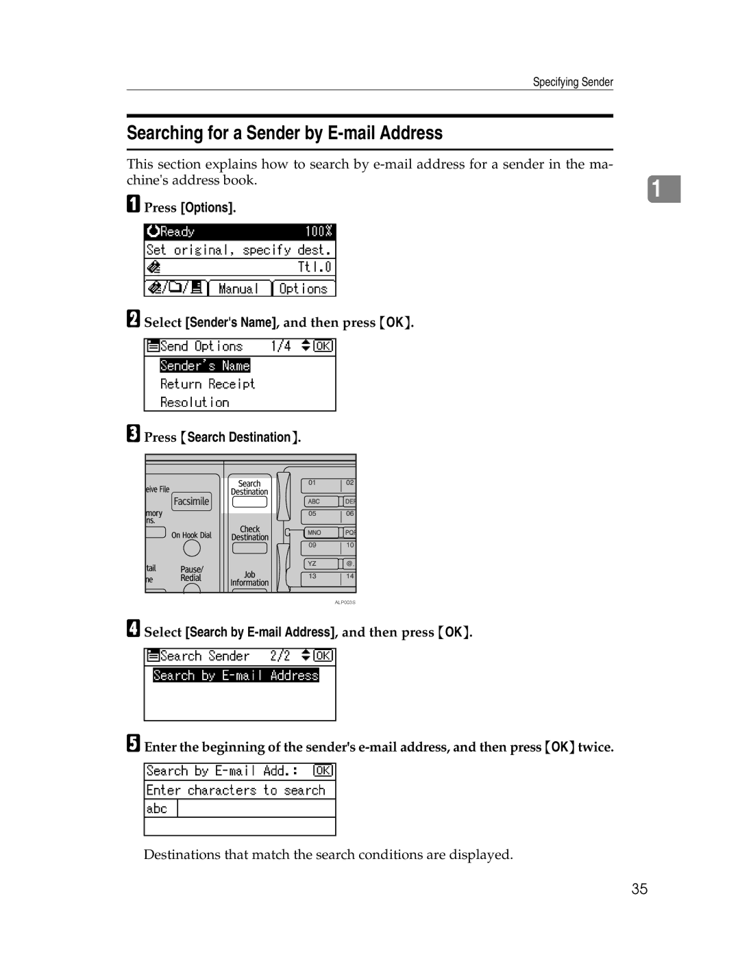 Ricoh SGC 1506/GS, 106/LD215c Searching for a Sender by E-mail Address, Select Search by E-mail Address, and then press OK 