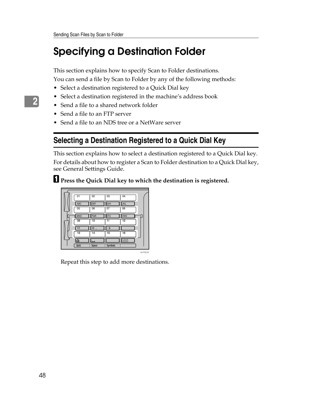 Ricoh 106/LD215c, SGC 1506/GS Specifying a Destination Folder, Selecting a Destination Registered to a Quick Dial Key 