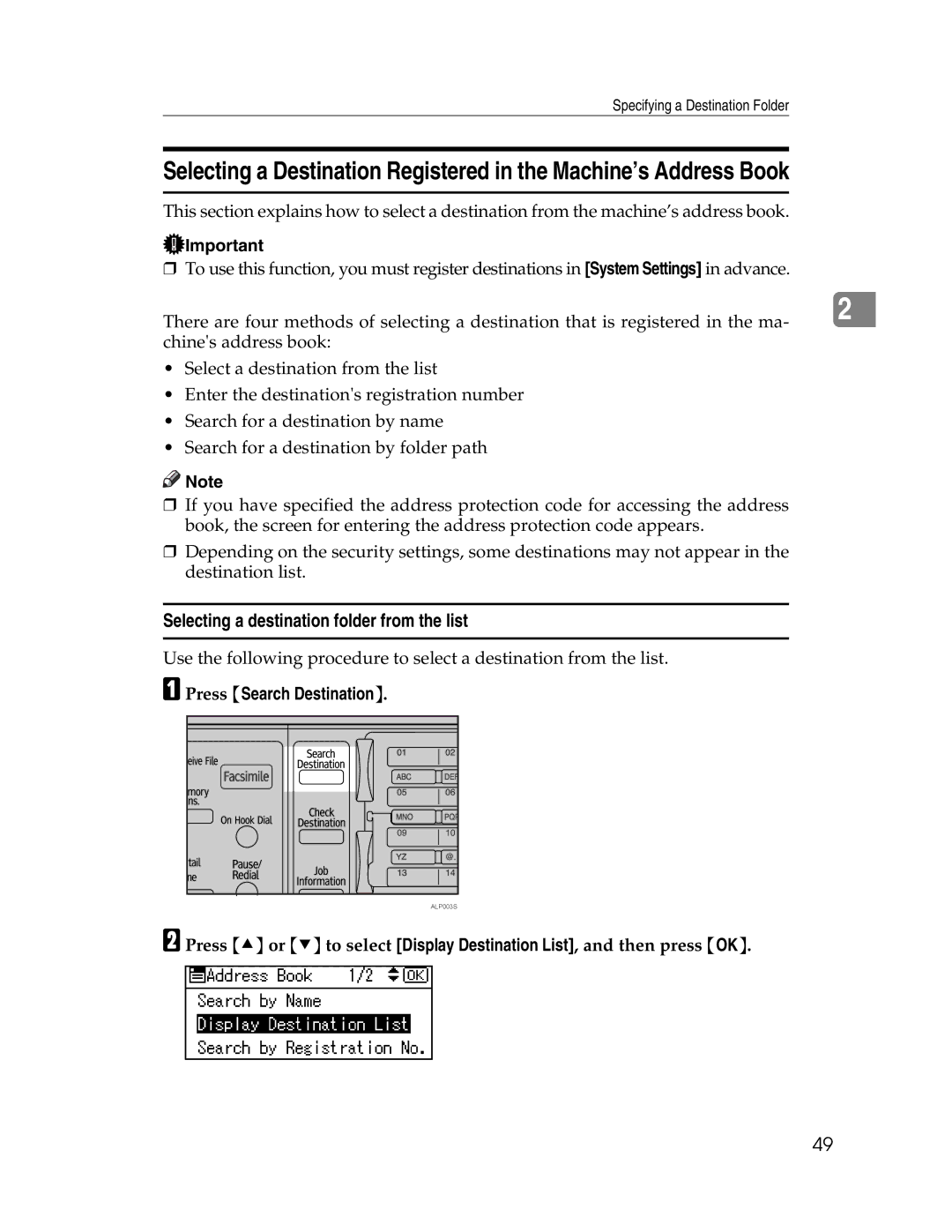 Ricoh SGC 1506/GS, 106/LD215c appendix Selecting a destination folder from the list, Press Search Destination 