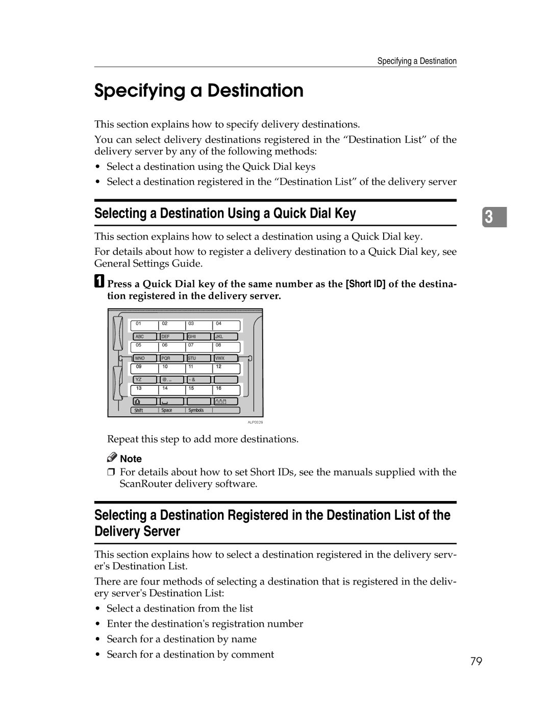 Ricoh SGC 1506/GS, 106/LD215c appendix Specifying a Destination, Selecting a Destination Using a Quick Dial Key 