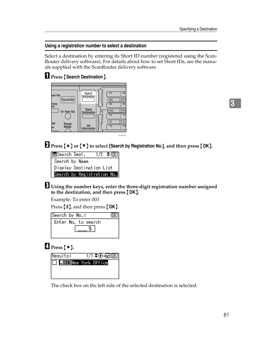 Ricoh SGC 1506/GS, 106/LD215c appendix Using a registration number to select a destination 