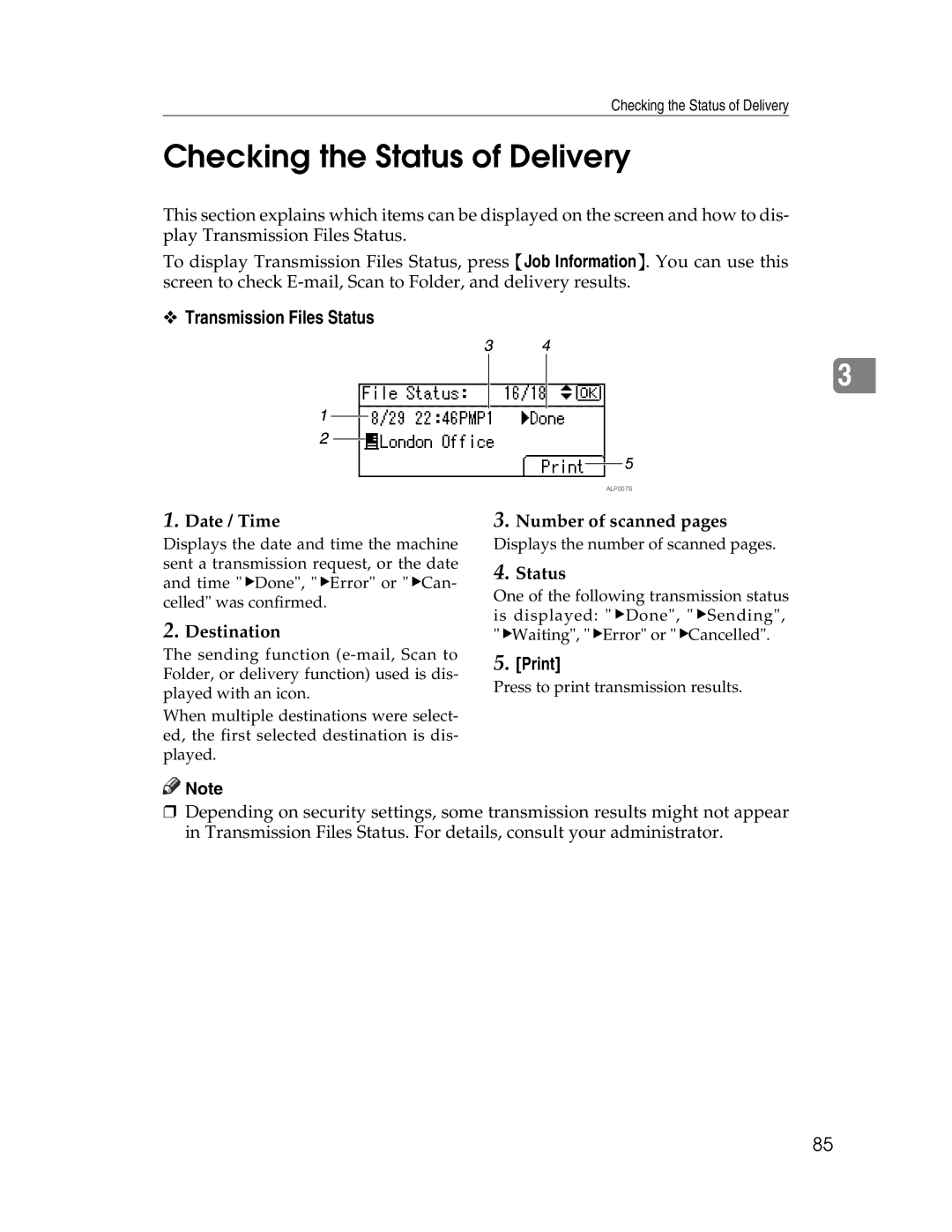 Ricoh SGC 1506/GS, 106/LD215c appendix Checking the Status of Delivery, Transmission Files Status 