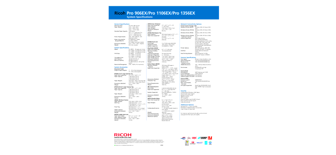 Ricoh specifications Ricoh Pro 906EX/Pro 1106EX/Pro 1356EX, System Specifications 