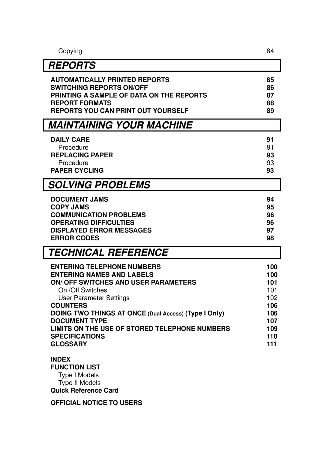 Ricoh 170 / 180 Copying, Procedure, 100, On /Off Switches 101 User Parameter Settings 102, 106, 107, 109, 110, 111 