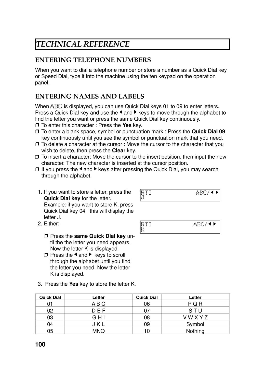 Ricoh 170 / 180 manual Entering Telephone Numbers, Entering Names and Labels, Quick Dial key for the letter 