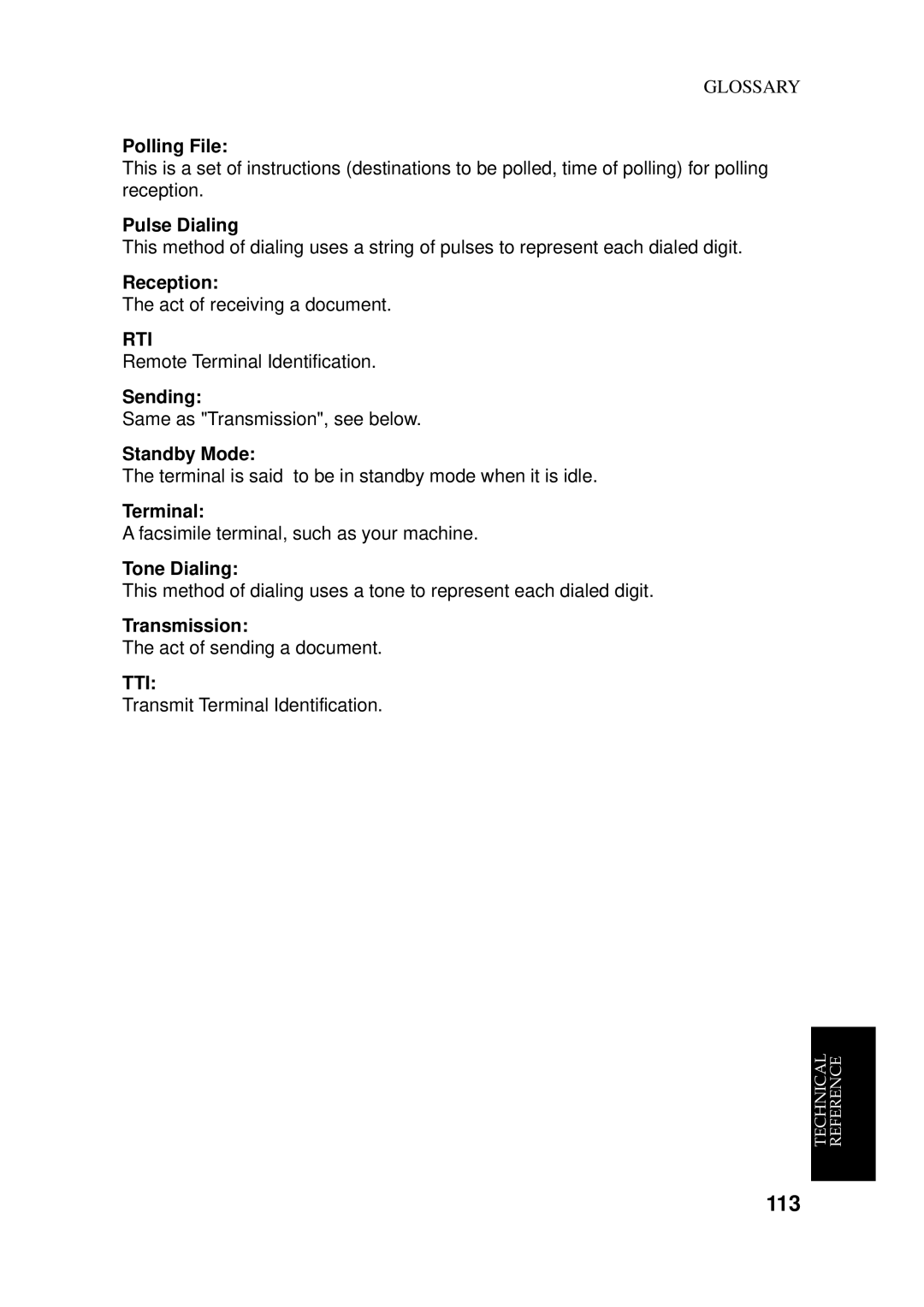 Ricoh 170 / 180 manual Polling File, Pulse Dialing, Reception, Sending, Standby Mode, Terminal, Tone Dialing 