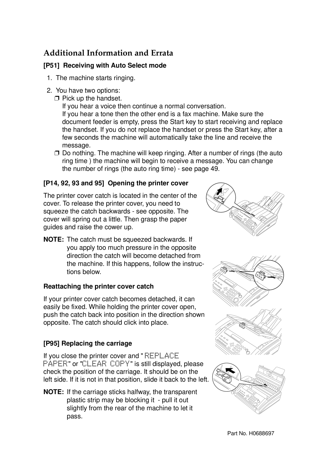 Ricoh 170 / 180 manual P51 Receiving with Auto Select mode, P14, 92, 93 and 95 Opening the printer cover 