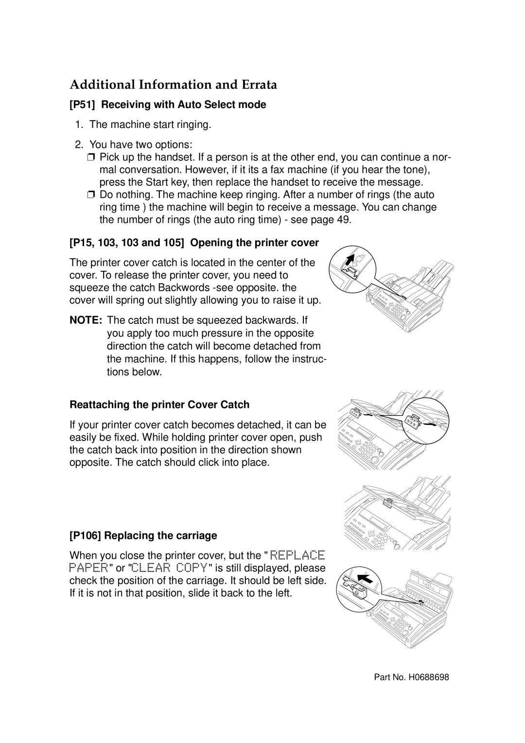 Ricoh 170 / 180 manual P15, 103, 103 and 105 Opening the printer cover, P106 eplacing the carriage 