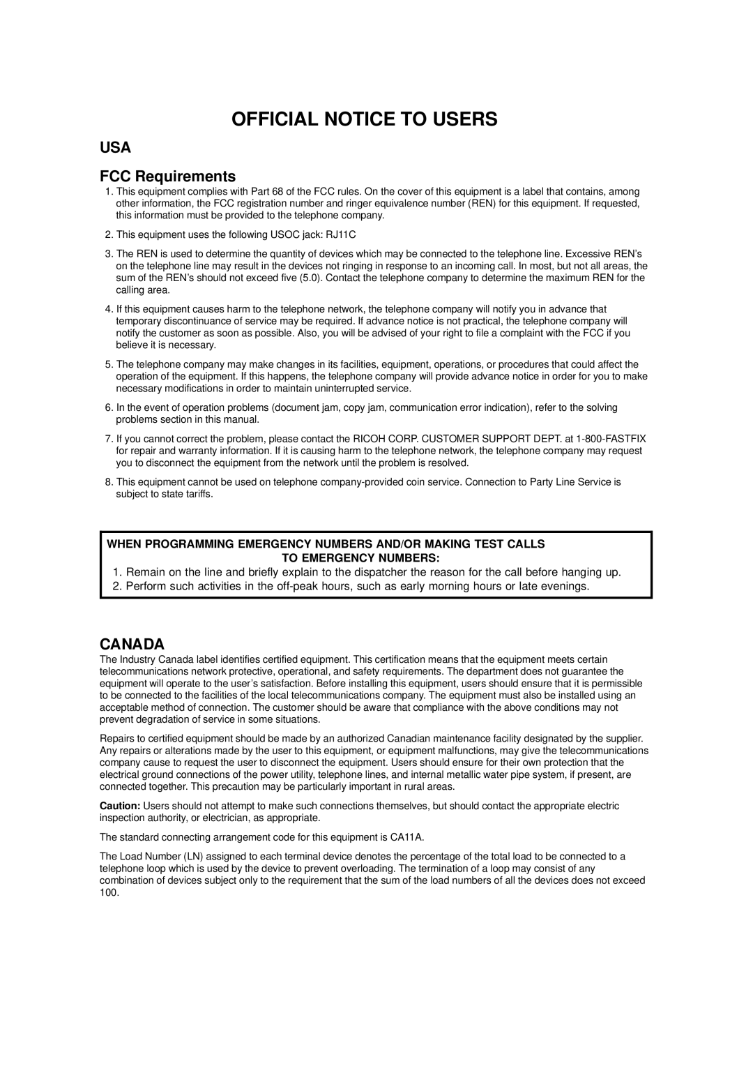 Ricoh 170 / 180 manual Official Notice to Users, FCC Requirements 