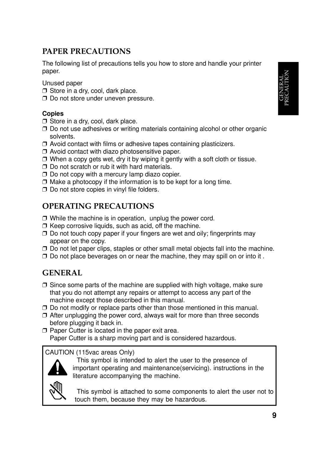 Ricoh 170 / 180 manual Paper Precautions, Operating Precautions, General, Copies 