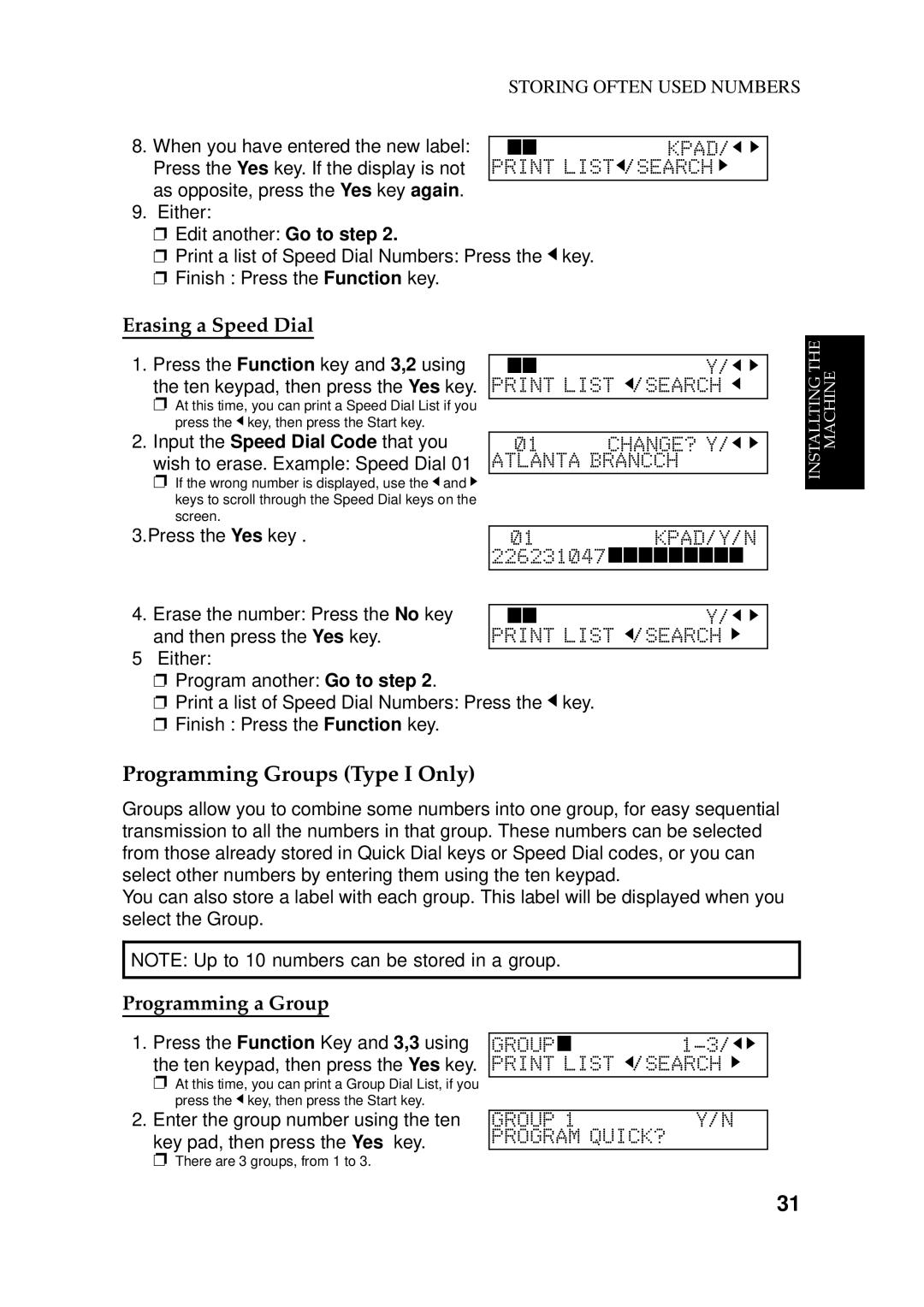 Ricoh 170 / 180 manual Programming Groups Type I Only, Erasing a Speed Dial, Programming a Group 