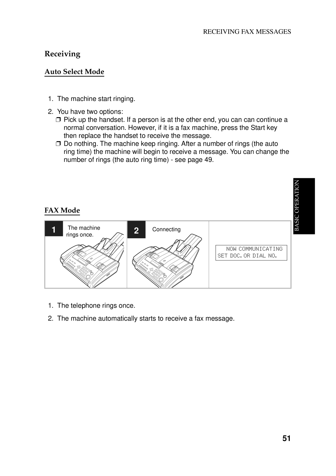 Ricoh 170 / 180 manual Receiving, Auto Select Mode, FAX Mode 