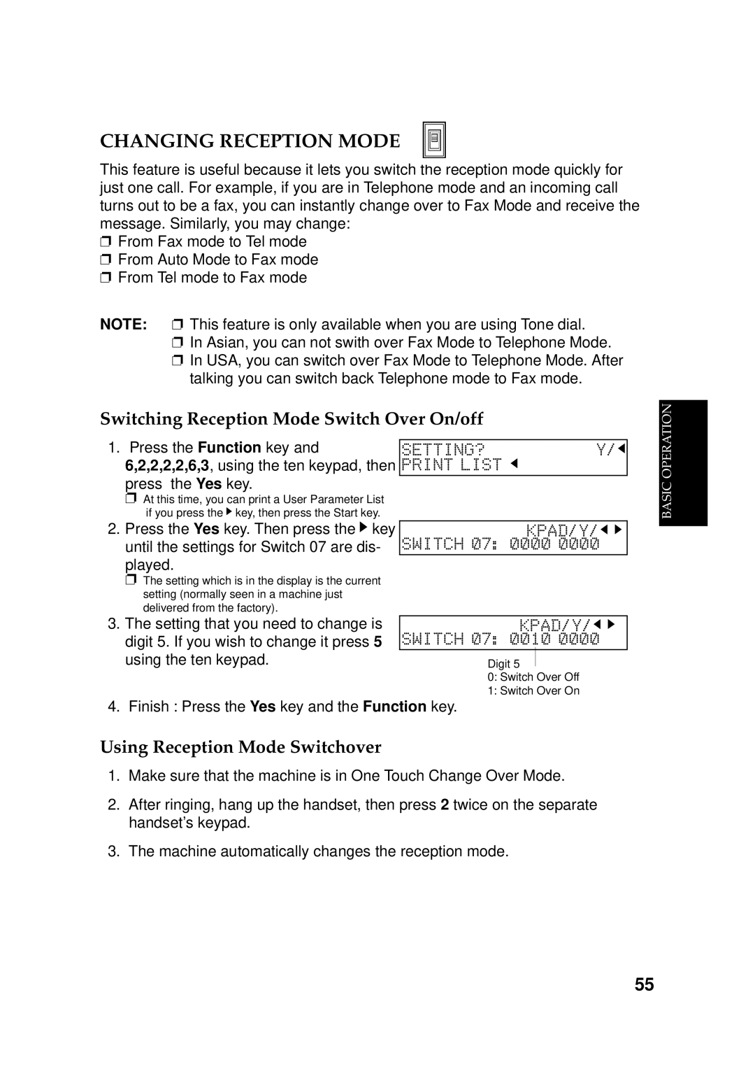 Ricoh 170 / 180 Changing Reception Mode, Switching Reception Mode Switch Over On/off, Using Reception Mode Switchover 