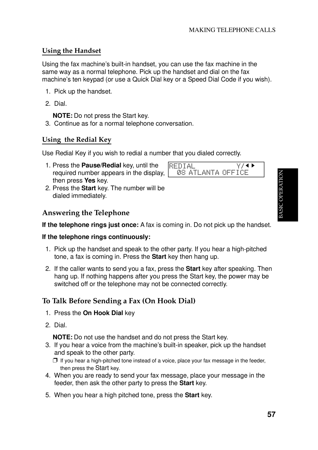 Ricoh 170 / 180 manual Answering the Telephone, To Talk Before Sending a Fax On Hook Dial, Using the Handset 