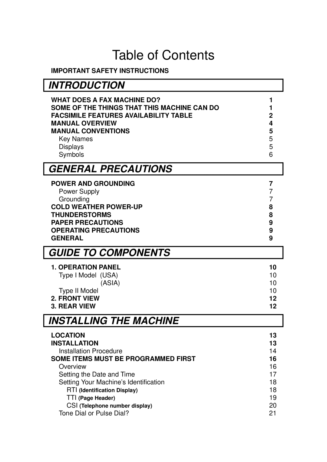 Ricoh 170 / 180 manual Table of Contents 