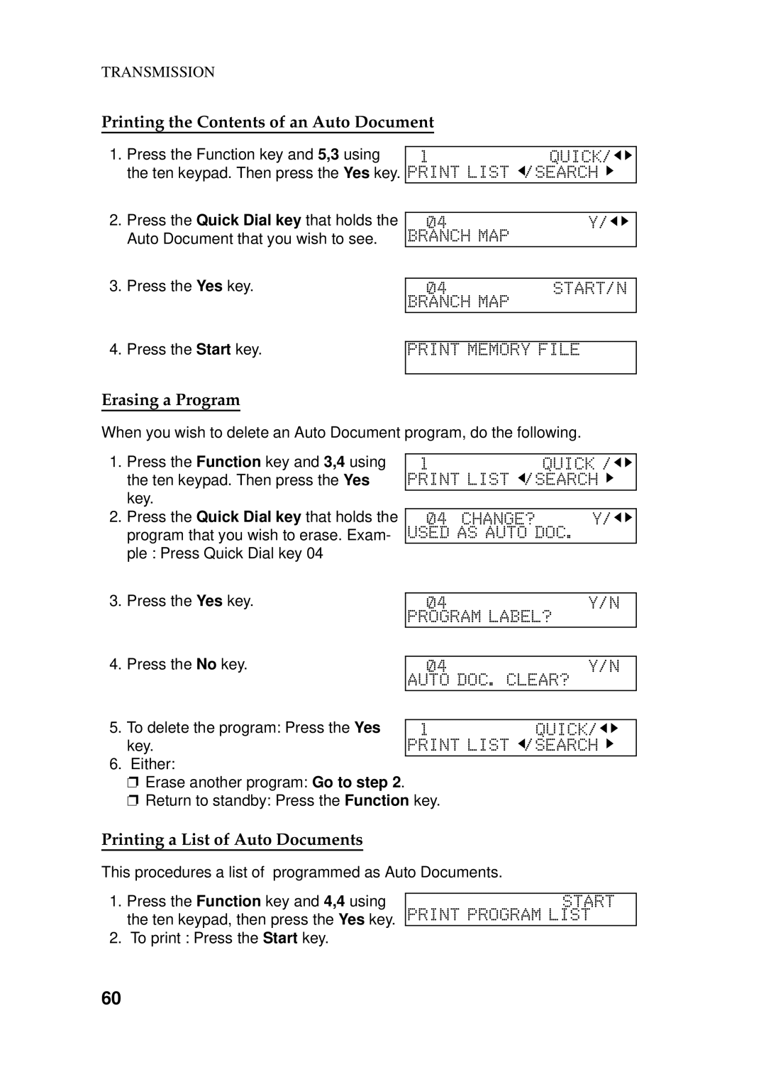 Ricoh 170 / 180 manual Printing the Contents of an Auto Document, Erasing a Program, Printing a List of Auto Documents 