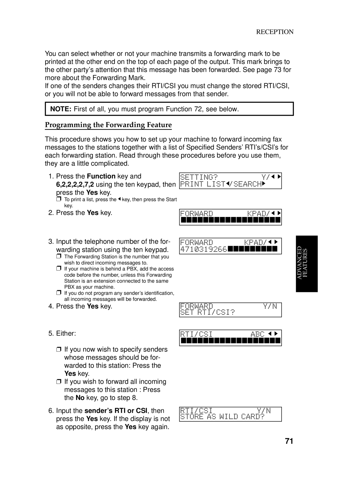 Ricoh 170 / 180 manual Programming the Forwarding Feature, Yes key, Input the sender’s RTI or CSI , then 