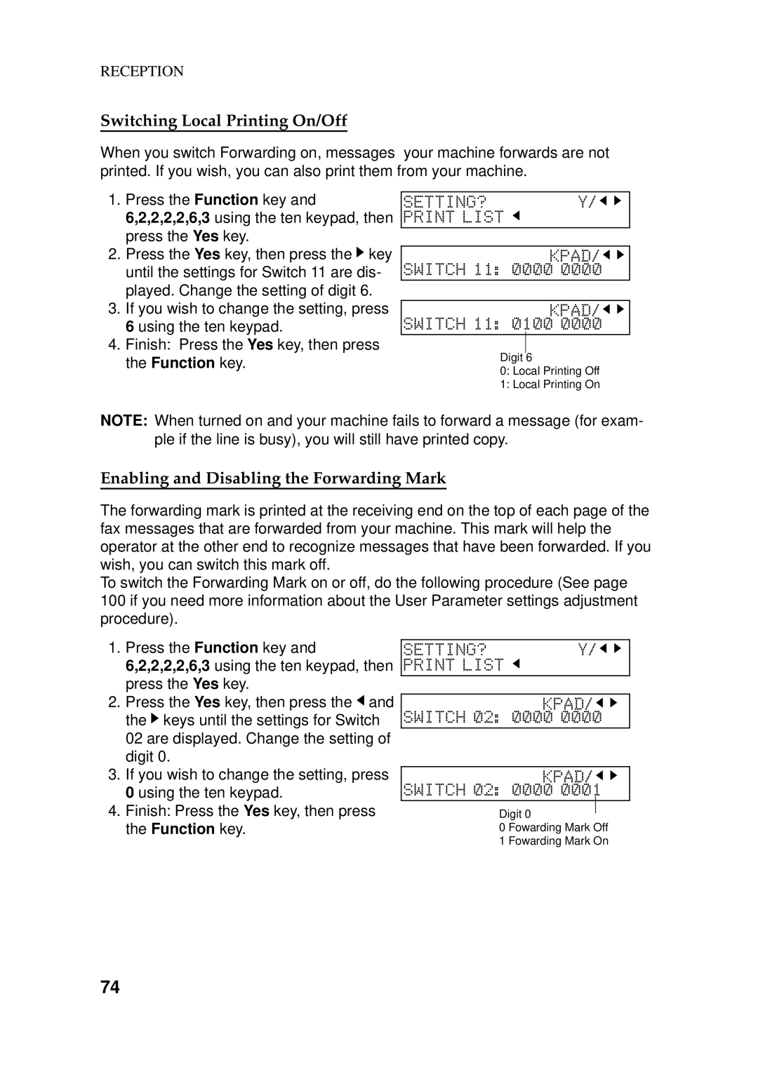 Ricoh 170 / 180 manual Switching Local Printing On/Off, Enabling and Disabling the Forwarding Mark 