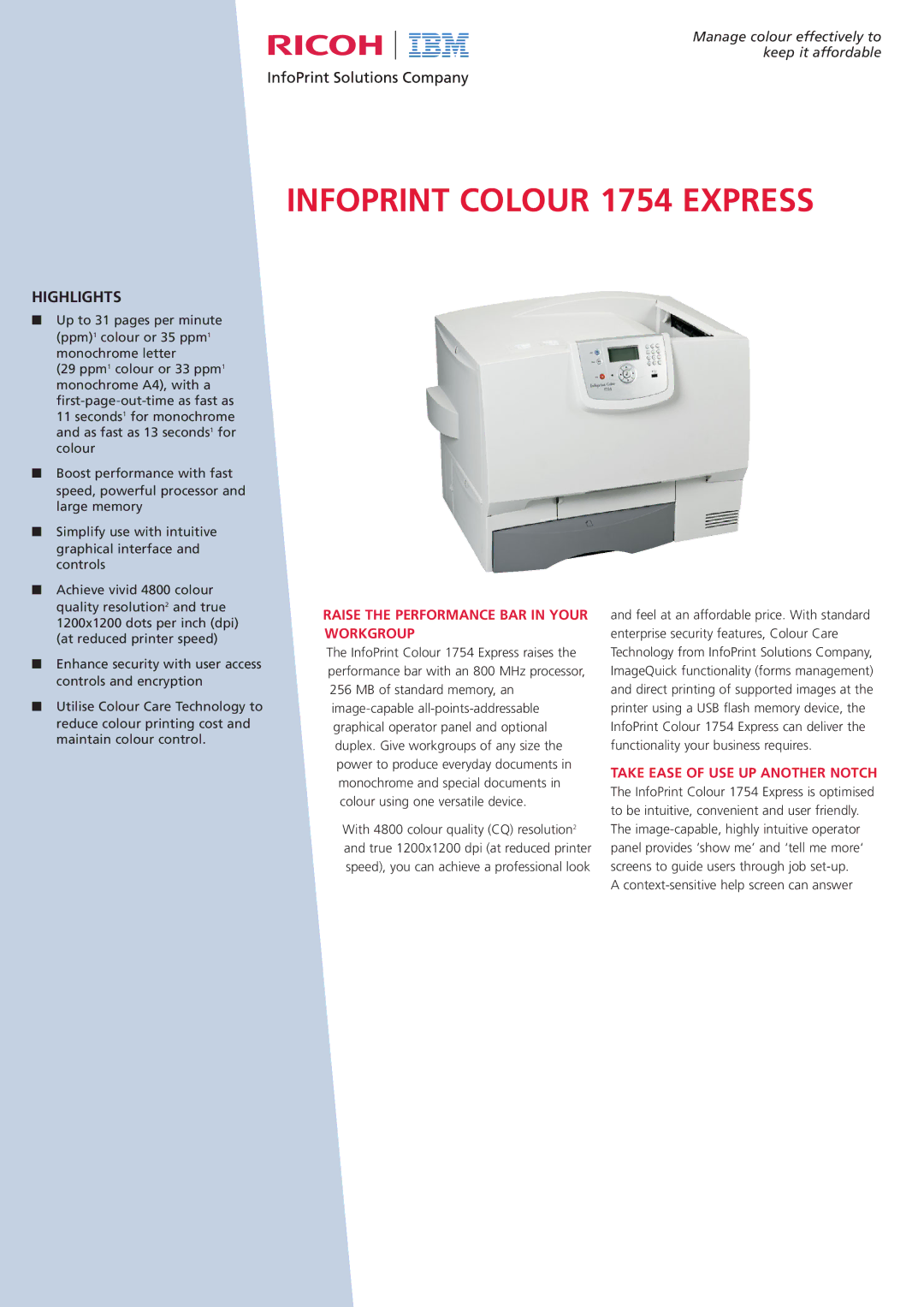 Ricoh 1754 Express manual Raise the Performance BAR in Your Workgroup, Take Ease of USE UP Another Notch 