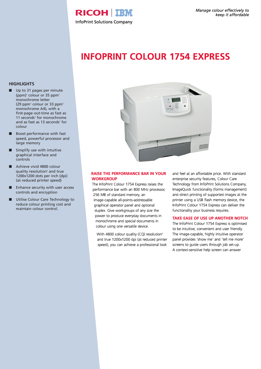 Ricoh 1754 Express manual Raise The Performance Bar In Your Workgroup, Take Ease Of Use Up Another Notch, Highlights 