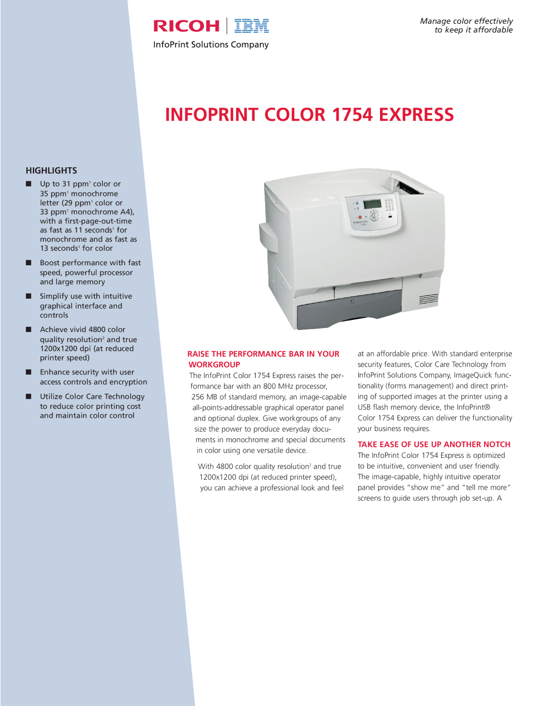 Ricoh 1754 manual Raise the Performance BAR in Your Workgroup, Take Ease of USE UP Another Notch 