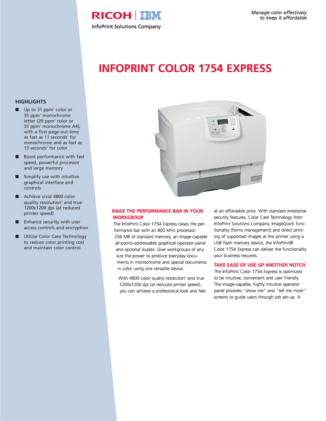 Ricoh 1754 manual Raise The Performance Bar In Your Workgroup, Take Ease Of Use Up Another Notch, Highlights 