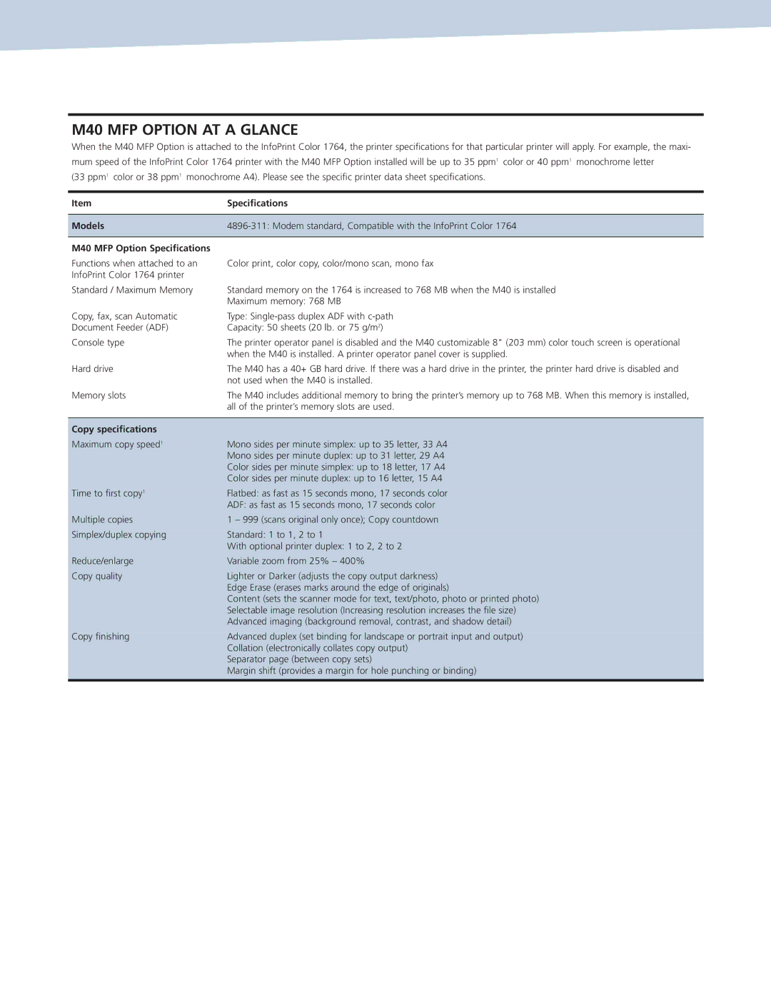 Ricoh 1764 manual Models, M40 MFP Option Speciﬁcations, Copy speciﬁcations 