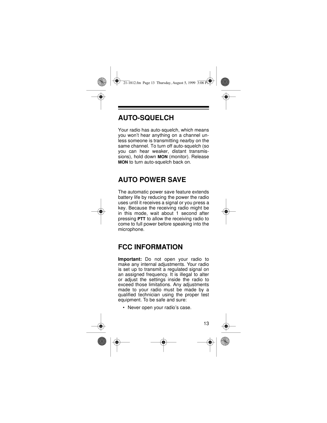 Ricoh 21-1812 owner manual Auto-Squelch, Auto Power Save, FCC Information 