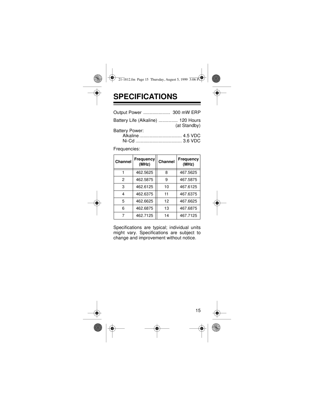 Ricoh 21-1812 owner manual Specifications, Frequencies 