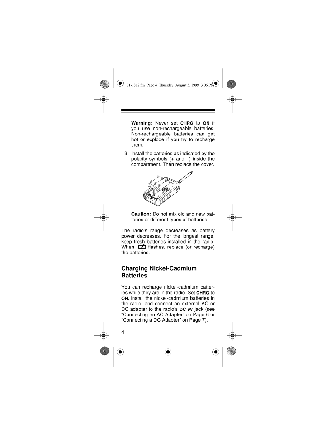 Ricoh 21-1812 owner manual Charging Nickel-Cadmium Batteries 