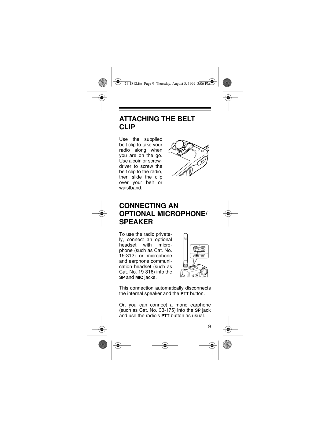 Ricoh 21-1812 owner manual Attaching the Belt Clip, Connecting AN Optional MICROPHONE/ Speaker 