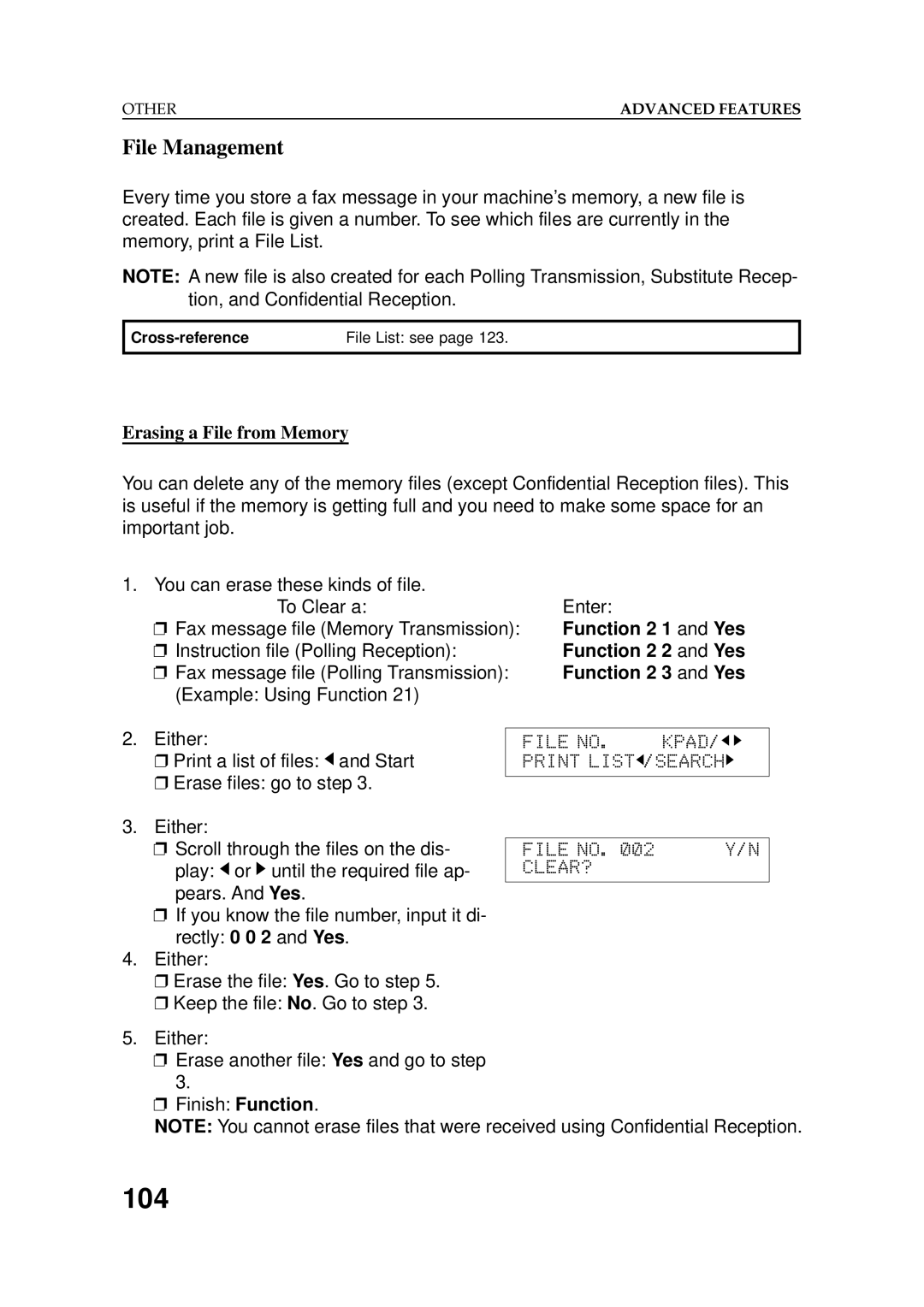 Ricoh 2400L manual 104, File Management, Function 2 1 and Yes, Function 2 2 and Yes, Function Yes 
