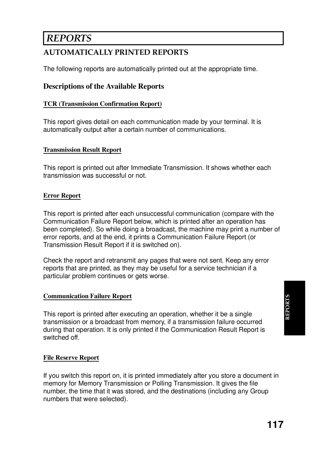 Ricoh 2400L manual 117, Automatically Printed Reports, Descriptions of the Available Reports 